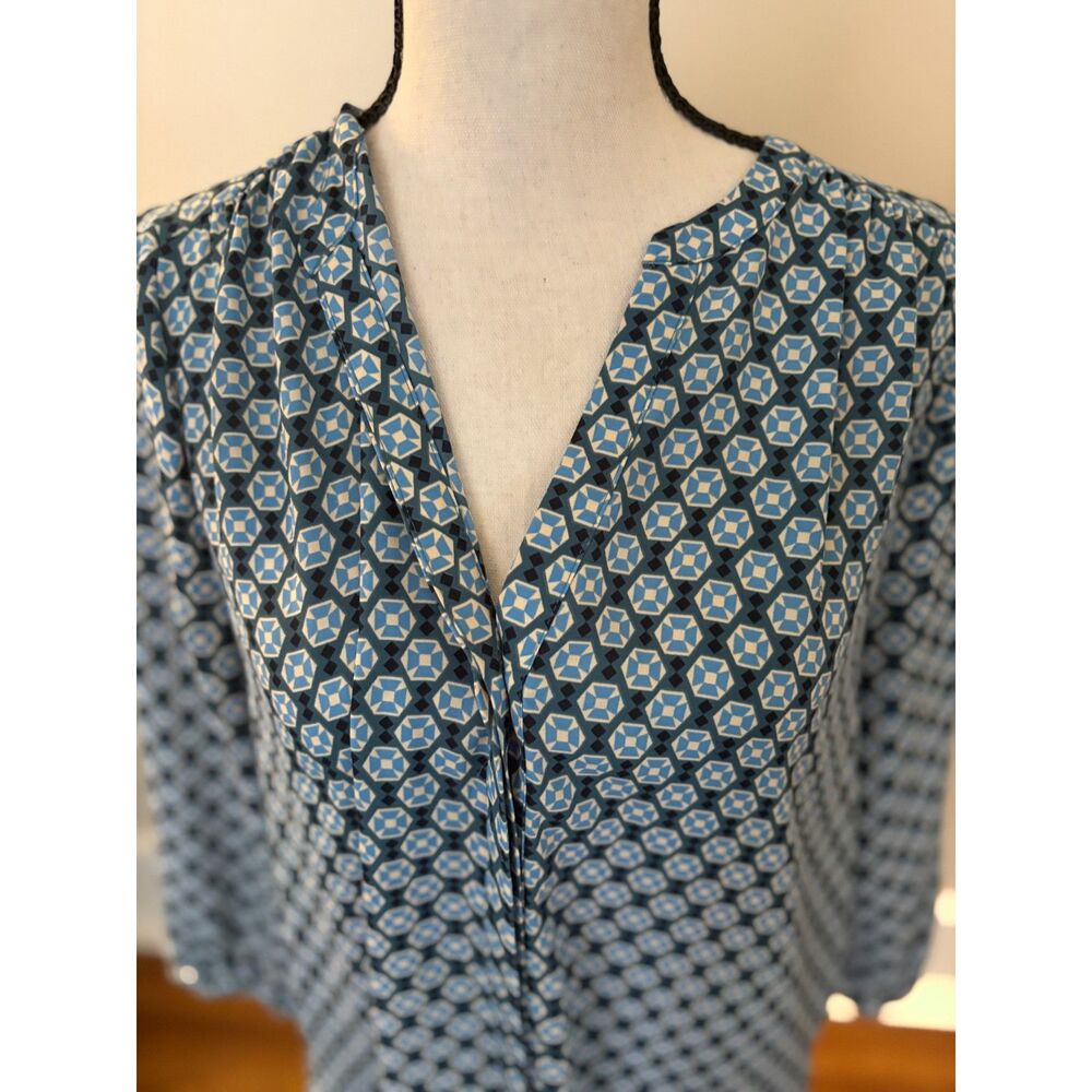 NYDJ Geometric Print Peasant Blouse – Women's XS Blue & Black Long Sleeve Top